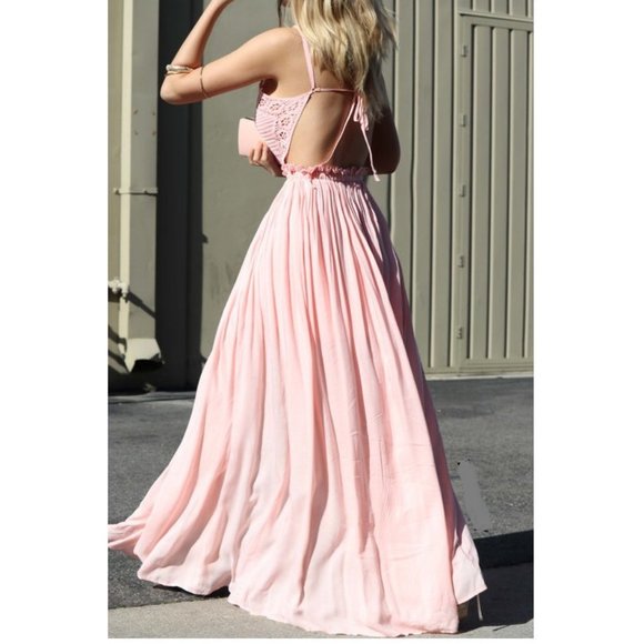 Pink Crochet Top Open Back Boho Maxi Dress - Picture 3 of 8